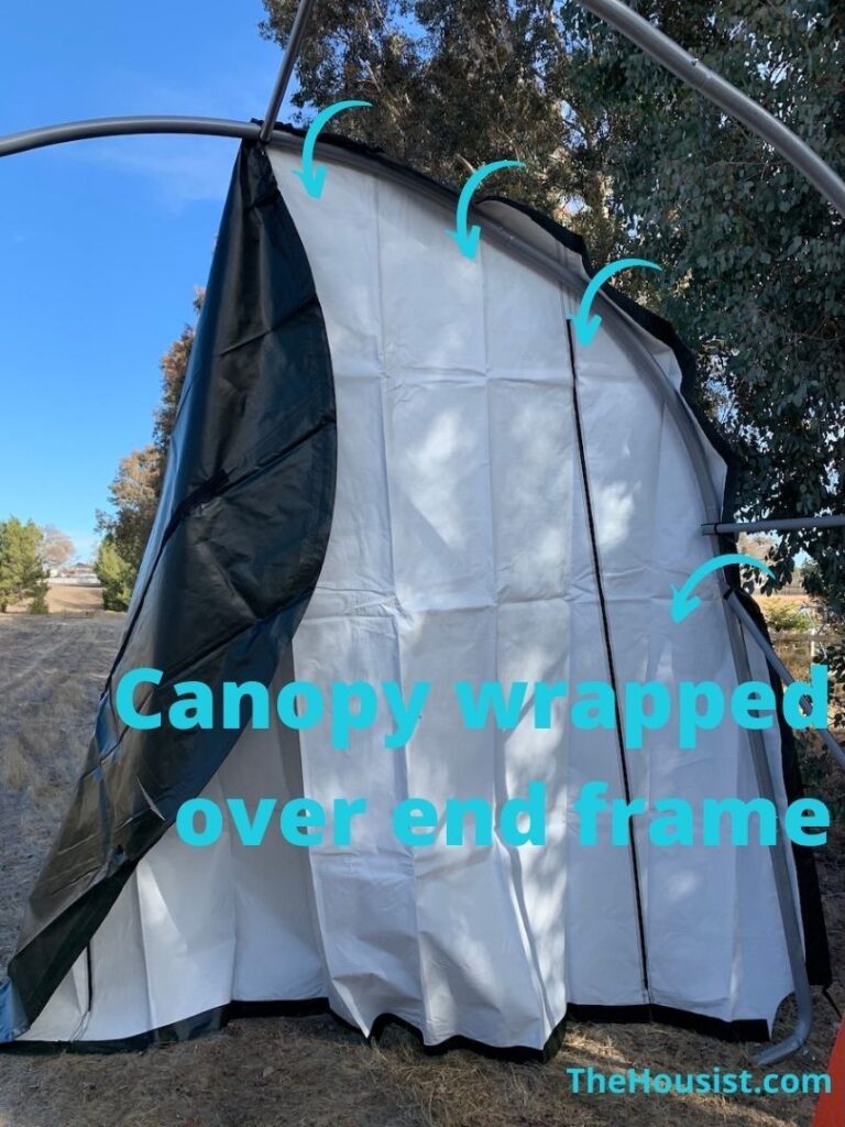 ShelterLogic Assembly Instructions - Wrap canopy over the end frame and loop over side - wind brace